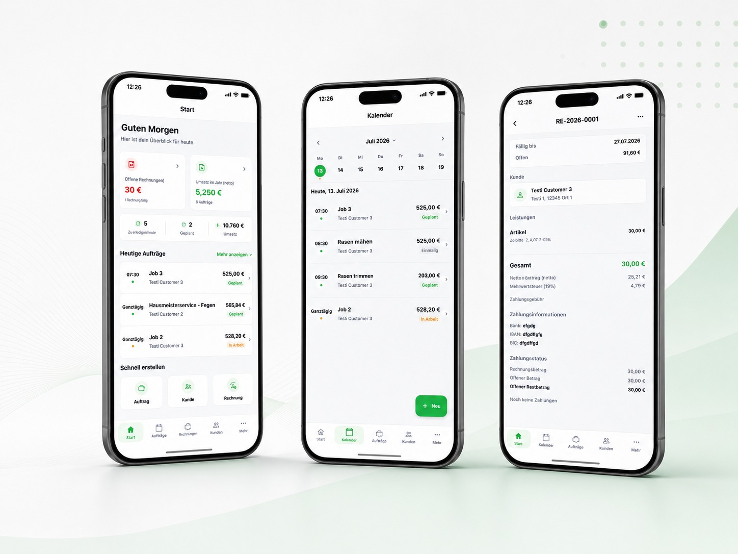 Drei Smartphone-Ansichten der MISCHUTA App mit Dashboard, Kalender und Rechnung