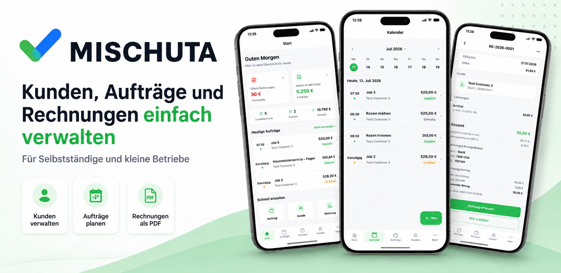 MISCHUTA App Vorschau mit Kundenverwaltung, Aufträgen, Kalender und Rechnungen